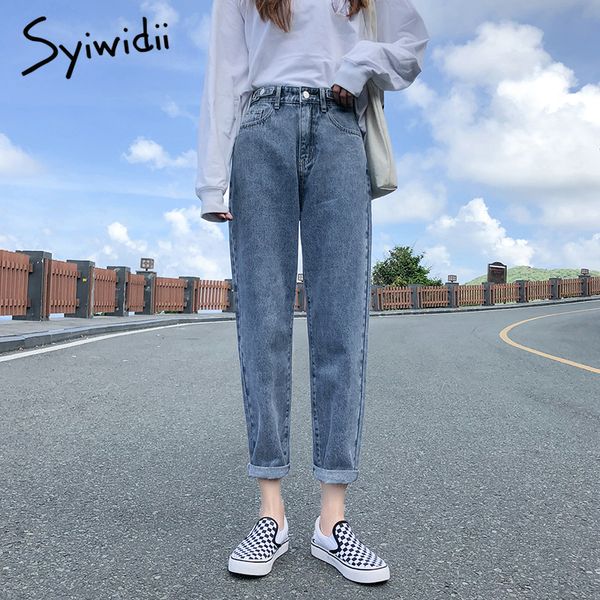 

syiwidii high waist jeans woman plus size denim pants lace up washed loose coated harem pants casual 2021 mom jeans women gray 210302, Blue