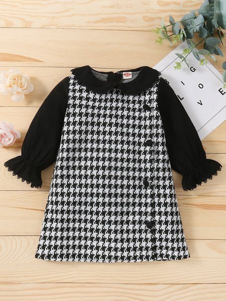 

baby peter pan collar houndstooth print flounce sleeve dress she, Red;yellow
