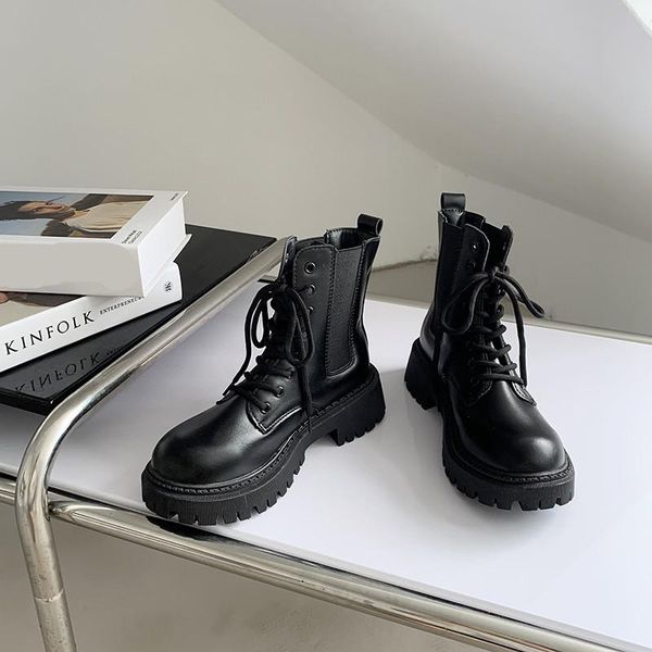 

boots shoes lace up lolita flat heel boots-women round toe rock ankle 2021 black med autumn ladies lace-up cross-tied cotton fab