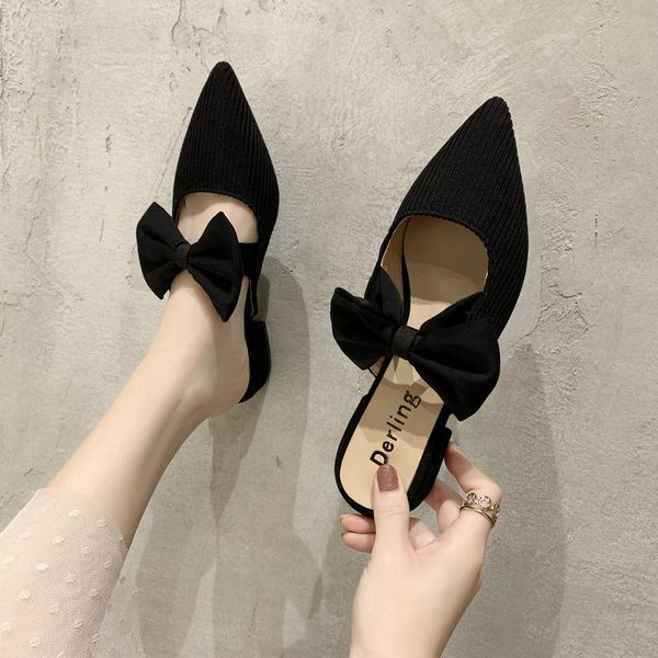 

slippers pointed toe casual low flat shoes female slides butterfly-knot loafers slipers women soft luxury cover, Black