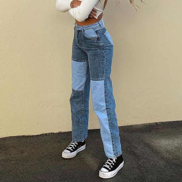 

y2k patchwork casual blue straight long jeans pants women skinny slim elegant high waist denim trousers ladies autumn, Black;white