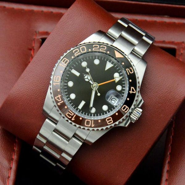 

wristwatches 40mm black dial ceramic bezel date men's watch gmt automatic mechanical clock stainless steel strap, Slivery;brown