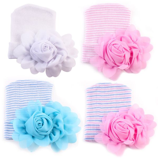 Mais recém-nascidos recém-nascidos crochê chapéus com grandes flores beanie bonito bebê menina chiffon flor de confecção de malhas hedge caps algodão 0-6m kbh62