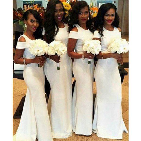

white mermaid arabic bridesmaid dresses scoop neck satin floor length simple style long women party dresses for weddings, White;pink