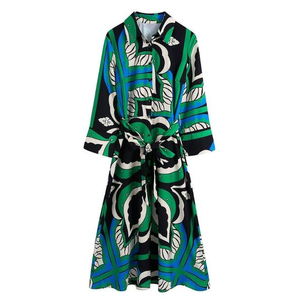 

casual dresses 2021 women fashion totem print midi shirt dress with belt vintage three quarter sleeve button-up female mujer sell, Black;gray