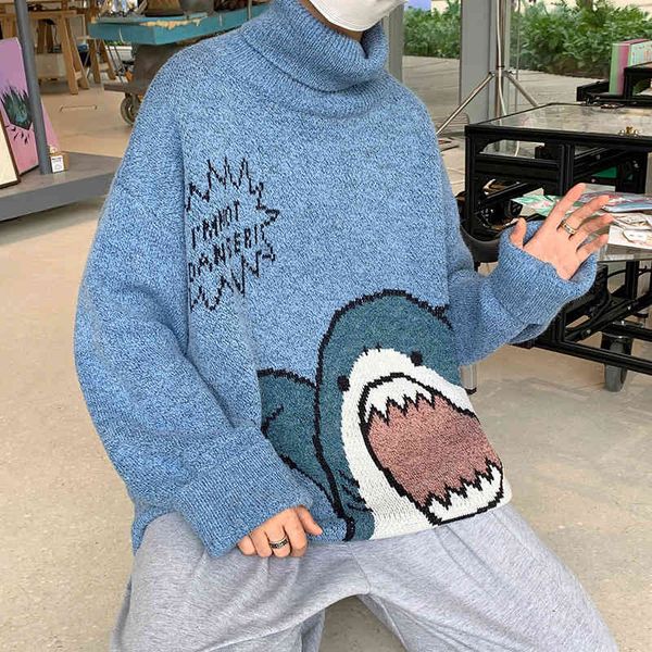 

turtlenecks shark sweater 2021 winter patchwor harajuku korean style high neck oversized grey turtleneck for men, Black
