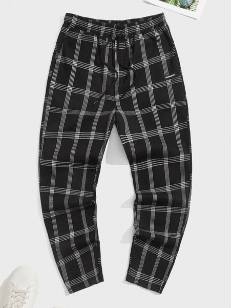

men drawstring waist letter patched plaid print pants b8cz#, Black