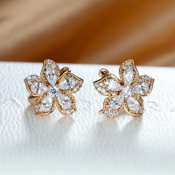 

hoop & huggie fashion cute flower earrings for women girls aqua blue white zircon crystal bridal wedding anniversary jewelry, Golden;silver