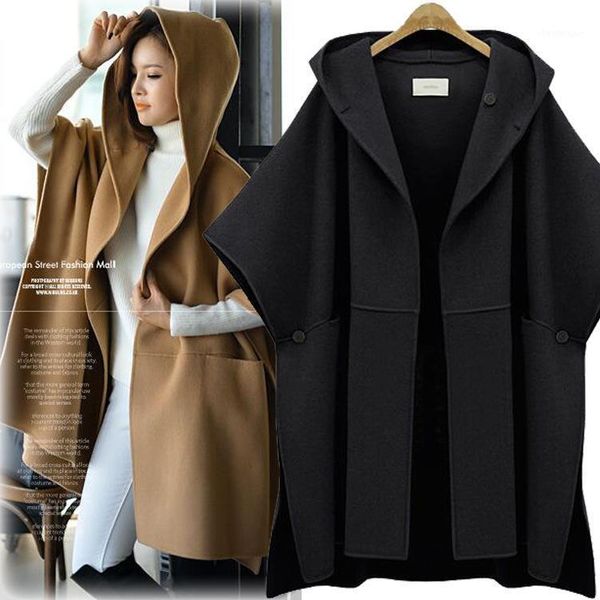 

autumn winter coat women 2021 casual plus size batwing sleeve thick jackets female vintage loose warm wool casaco feminino women's & bl, Black