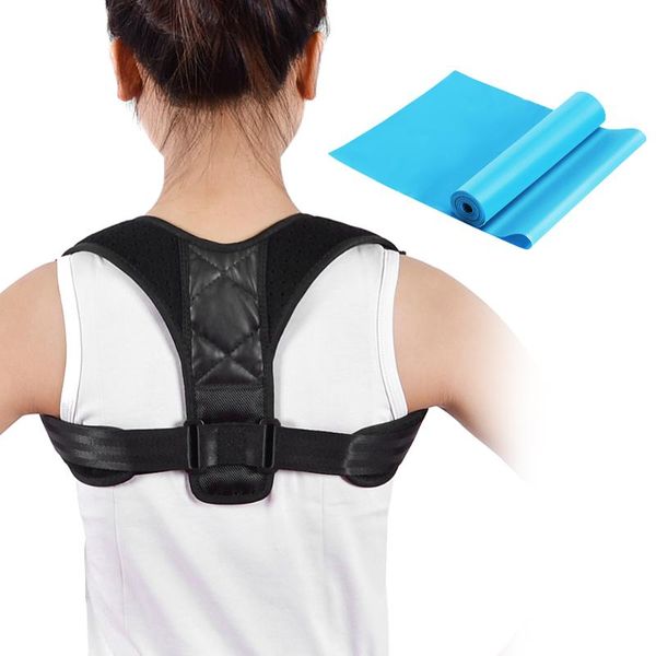 

posture corrector with exercise resistance band breathable adjustable upper back brace for clavicle support shoulder back, Black;blue