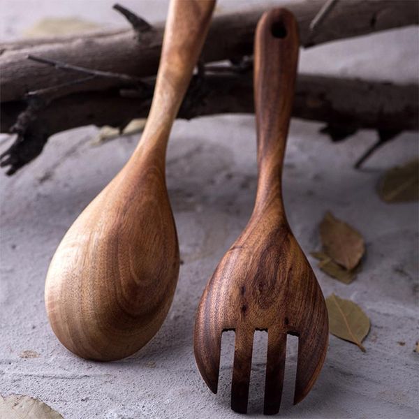 

spoons 2pcs natural wooden kitchen cooking large fork utensils tableware for bar utensil tools