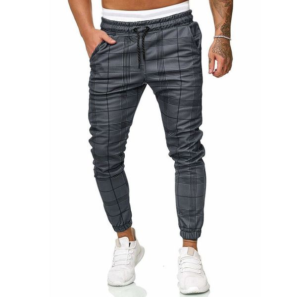 

eg men straight long casual sport slim fit plaid broek running joggers, Black