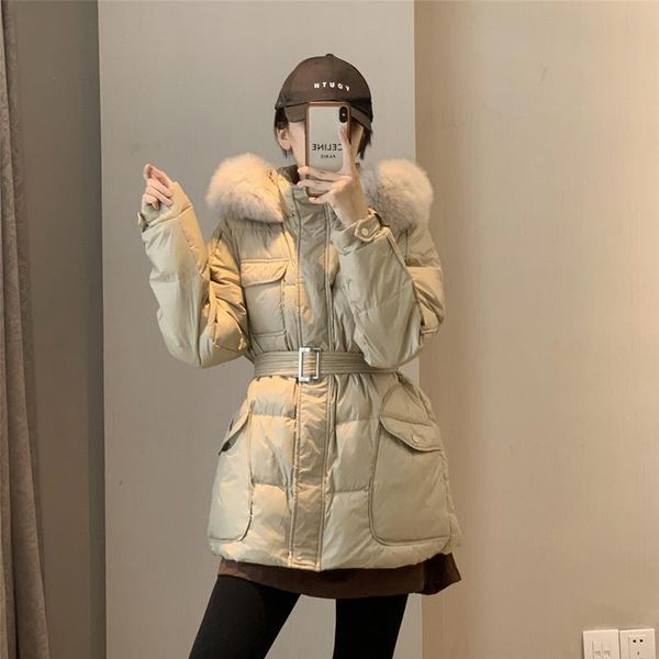 

women's down & parkas qingwen winter coat large fur collar jacket female 2021 korean fashion waist slim white duck jaqueta feminina, Black