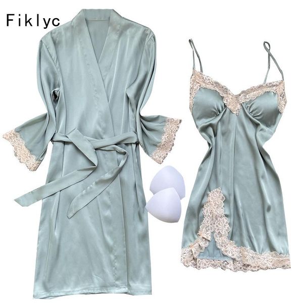 

women's sleepwear fiklyc 2021 arrival satin lace robe gown sets fashion v neck padded push up home clothing nightwear lingerie, Black;red