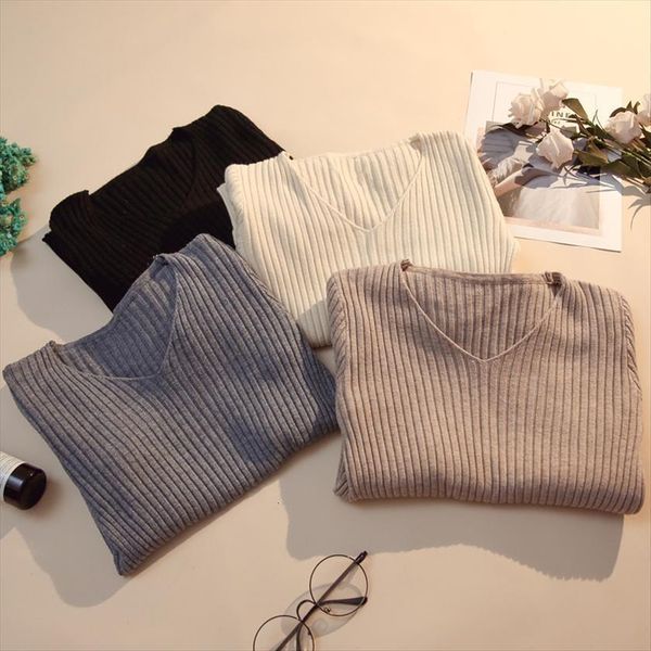 

women slim v neck basic sweaters long sleeve tight autumn and winter, White;black
