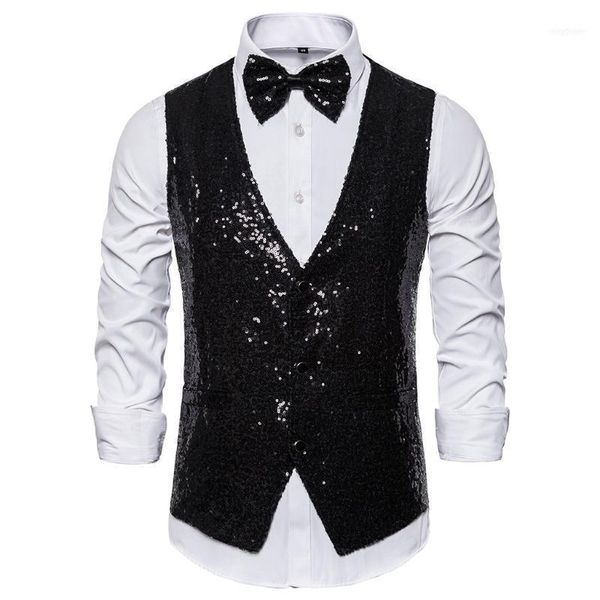 

men's vests sequin suit vest slim fit business wedding waistcoat sleeveless tank with cravat1, Black;white