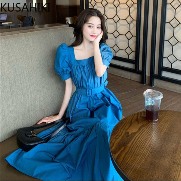 

spring summer women dress korean puff short sleeve square collar belt slim waist elegant vestido mujer 6f799 210603, Black;gray