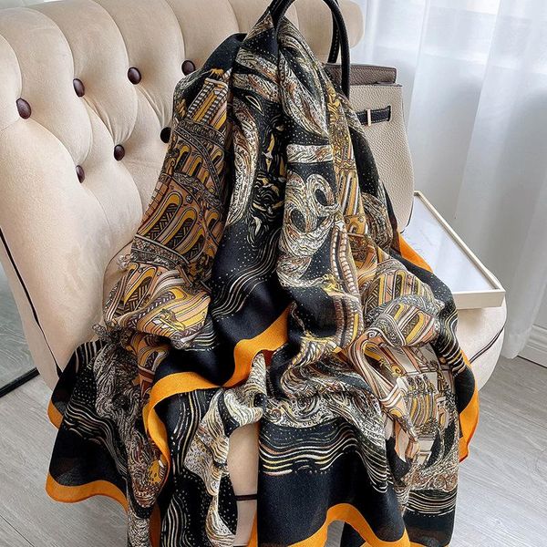 

scarves 2021 print winter bandanna fashion castle cotton and beach towel sunscreen silk luxury 180x90cm shawls, Blue;gray