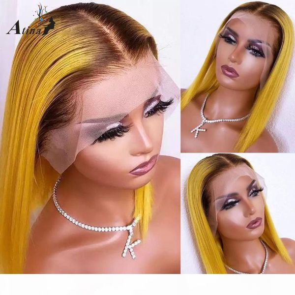 

ombre yellow straight bob pre plucked hd transparent human hair wigs colored ginger transparent lace wigs for women bleach knots, Black;brown