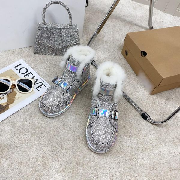 

boots winter snow women with bling rhinestone wool inside round toe motorcycle ladies shoes femmes chaussures, Black