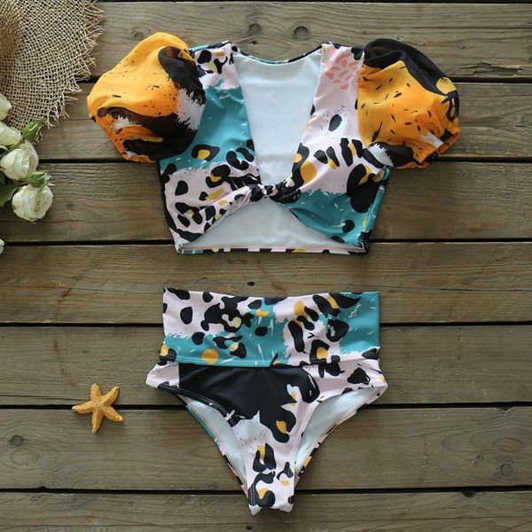 

2021 puff sleeve bikinis women swimsuit high waist print bathing suits beachwear brazilian bikini set biquini female