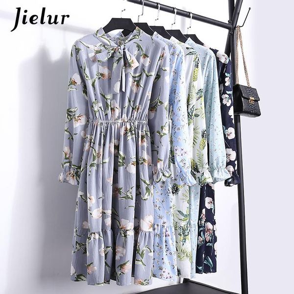 

casual dresses elegant chic bowtie floral dress women long sleeve chiffon korean fashion s-xl fresh robe femme 2021 spring autumn, Black;gray