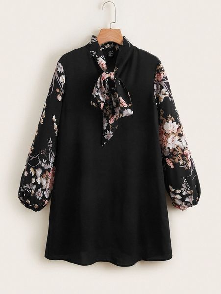 

floral panel tie neck lantern sleeve dress 10b2#, Black;gray