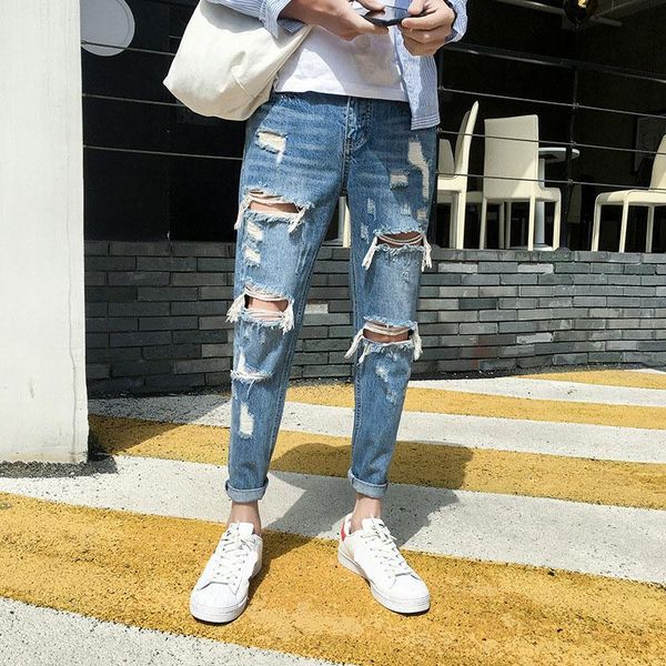 

new skinny jeans men streetwear destroyed ripped jeans homme hip hop broken modis male pencil biker embroidery patch pants, Blue