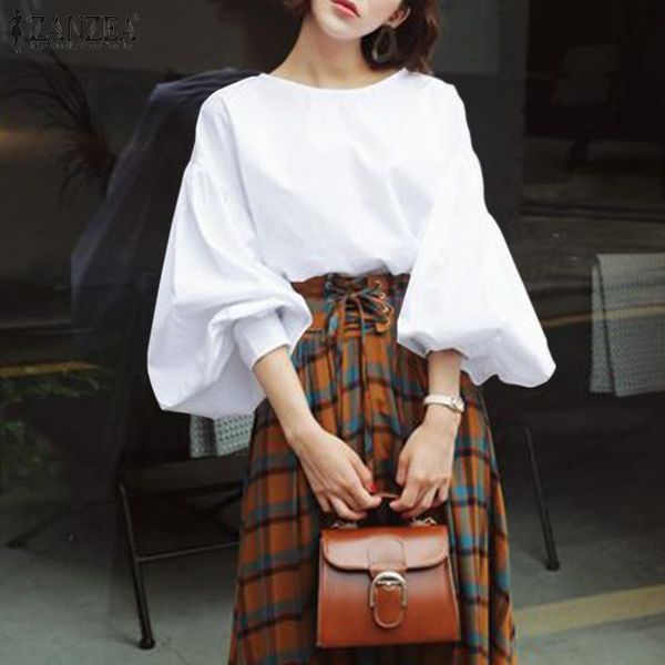 

women's blouses & shirts autumn chemise solid puff sleeve fashion office lady o neck blusas casual oversized blouse elegant ol, White