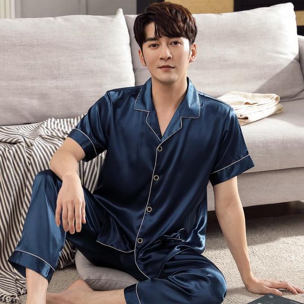 

summer silk men sleepwear short shirts+long pants two pieces set mens pajamas casual soft loose plus size 3xl male homewear men's, Black;brown