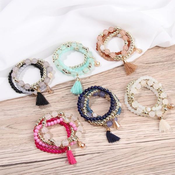 

link, chain princess tassel multi-layer bohemian stretch beaded bracelet, Black