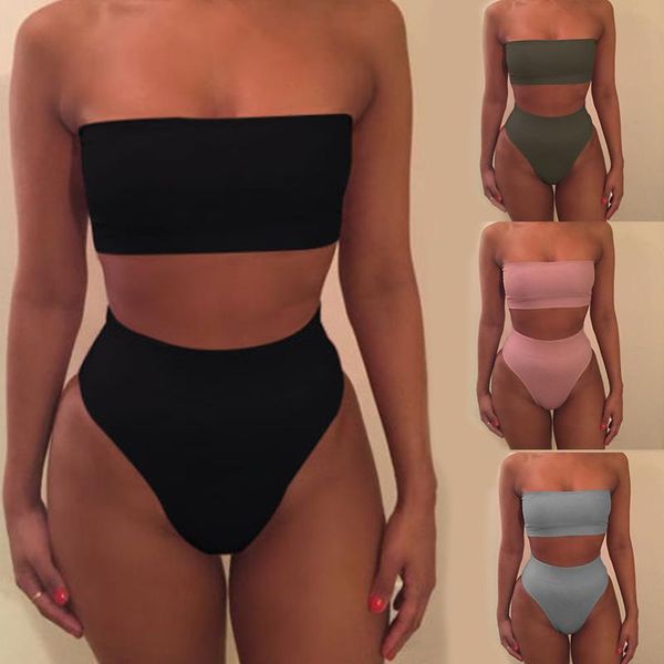 

women bikini set strapless bandeau push-up bra swimsuit swimwear bathing swim2021