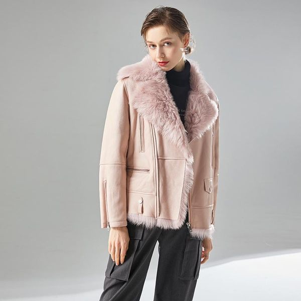 

women's fur & faux merino one-piece coat short 2021 winter lapel leather women, Black