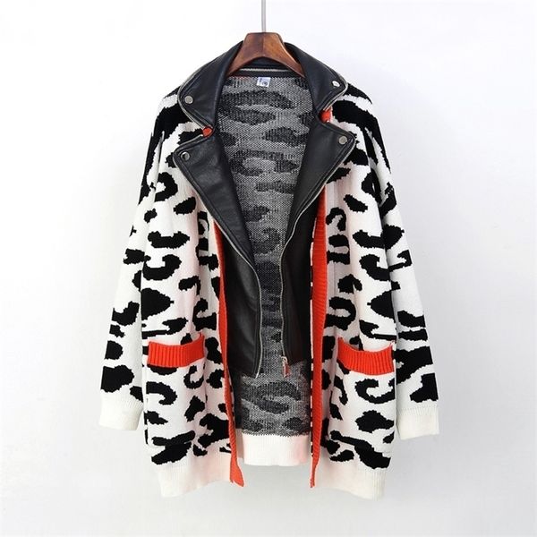 Осень зима Новый двухслойный поддельных двух модных тенденций женские леопардовые пальто Корея большой размер вязаный кожаный куртка 201020