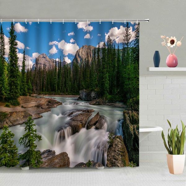 

shower curtains landscape curtain tree green plant blue sky white cloud river mountain bathroom decorative screen hanging with hooks set