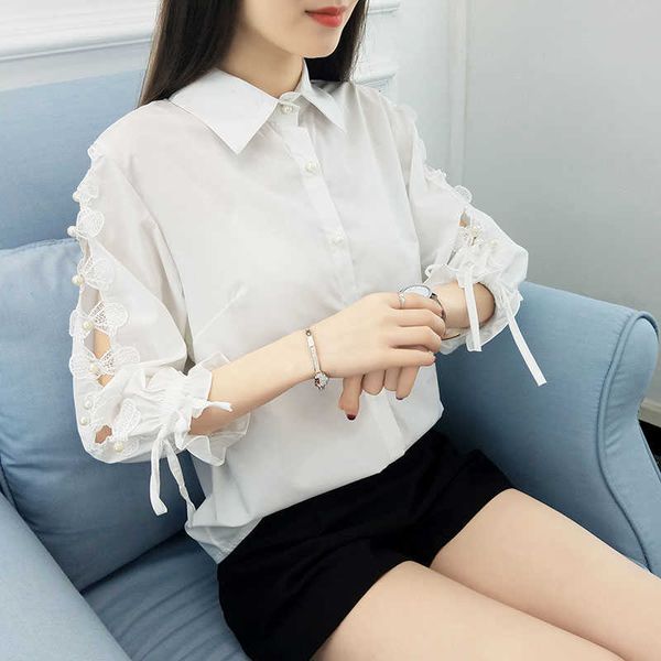 

spring autumn white blouse shirt lady office wear peter pan collar long-sleeve women's clothes casual 210601