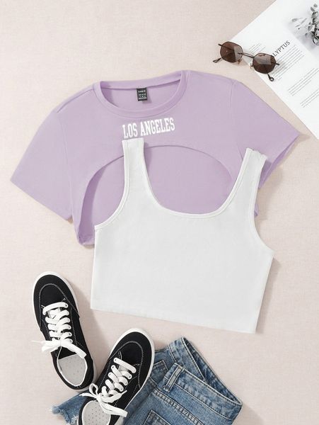 

crop tank & letter graphic tee 45a9#, White