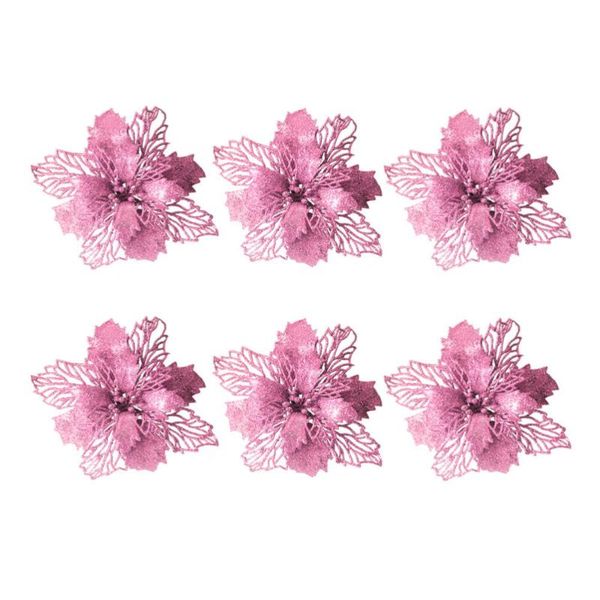 

6pcs glitter artificial flowers hollow out christmas floral ornaments xmas tree wreaths decor for xmas party home garden wedding