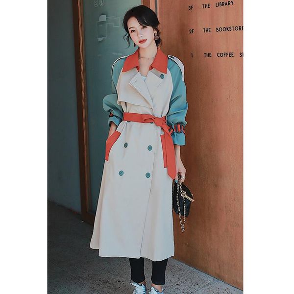 

women's trench coats plus size long female contrast color patchwork turn-down collar women windbreaker korean autumn 2021 outerwear, Tan;black
