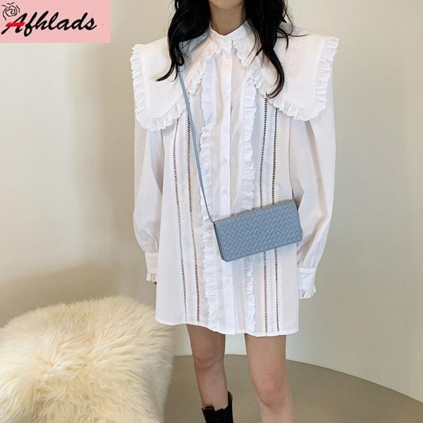 

women's blouses & shirts turn-down collar ruffles long sleeve spring and autumn women loose casual single-breasted fashion plus size bl, White