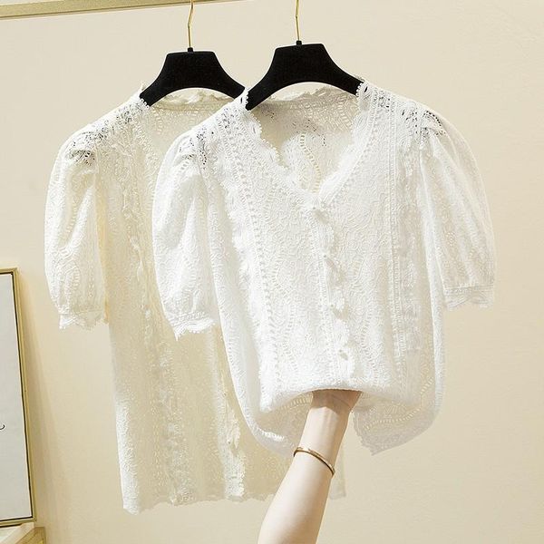 

women's blouses & shirts plus size women summer lace casual arrival 2021 korean style v-neck solid color loose ladies elegant w274, White
