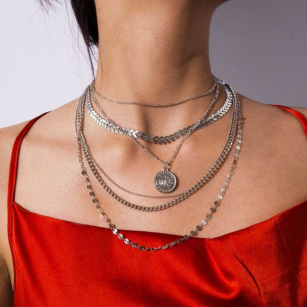 

jewelry personality sequin bead multi layer coin aircraft chain geometric necklace, Silver