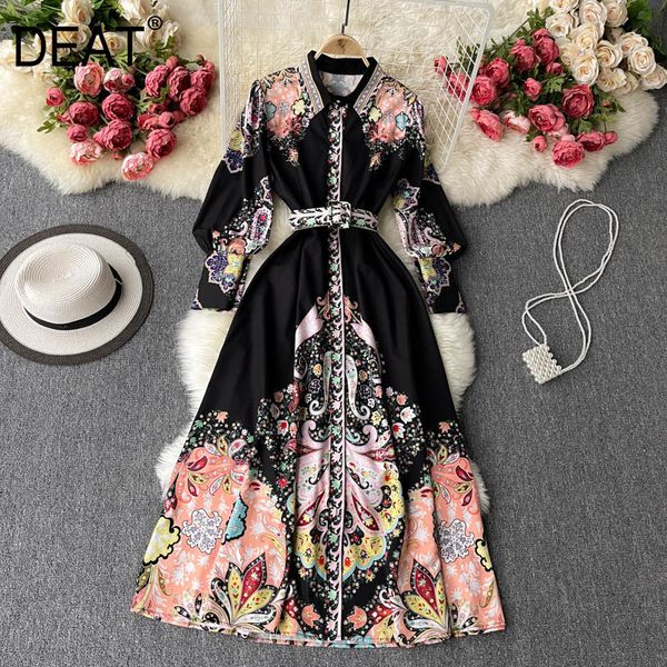 

women printing midi-long dress lapel lantern sleeve arrivals lady fashion temperament spring summer 11d340 210525, Black;gray