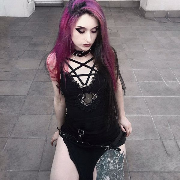 

vintage solid color camis gothic women lace pentagram bandage hollow out tank female summer streetwear, White