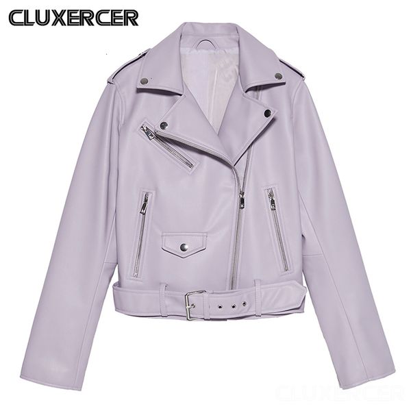 

2021 new fashion women spring autumn purple faux leather jacket lady with belt bomber motorcycle coat outerwear, Black