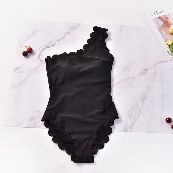 

one-piece suits women vintage one piece swimsuit scalloped trim shoulder bikini bathing suit solid black low back padded monokini swimming