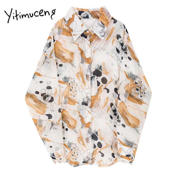 

yitimuceng printing blouse women office lady vintage long sleeve shirts turn-down collar clothing korean fashion button up 210601, White