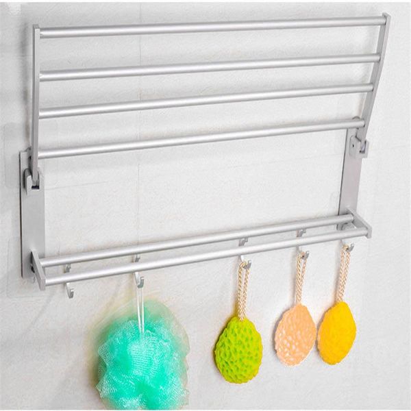 

bath accessory set 40/50/60cm space aluminum double towel rack with 5 hooks foldable kitchen bathroom shelves pld