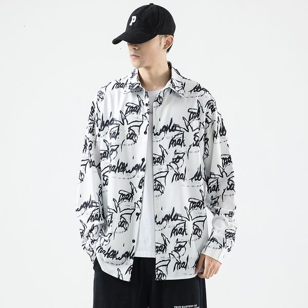 

2021 brand spring autumn long sleeves new flannel collar black korea style print shirt for men's clothes a26w, White;black
