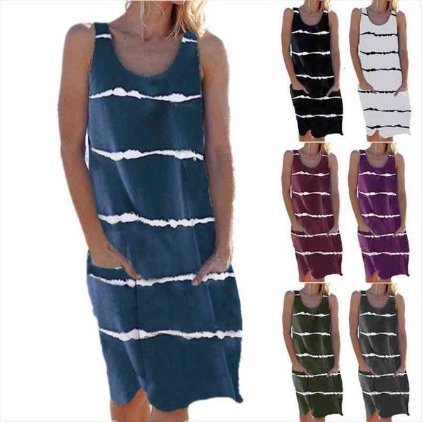 

women fashion summer casual o-neck sleeveless vest dress ladies striped pockets loose beach dress s-5xl, Black;gray